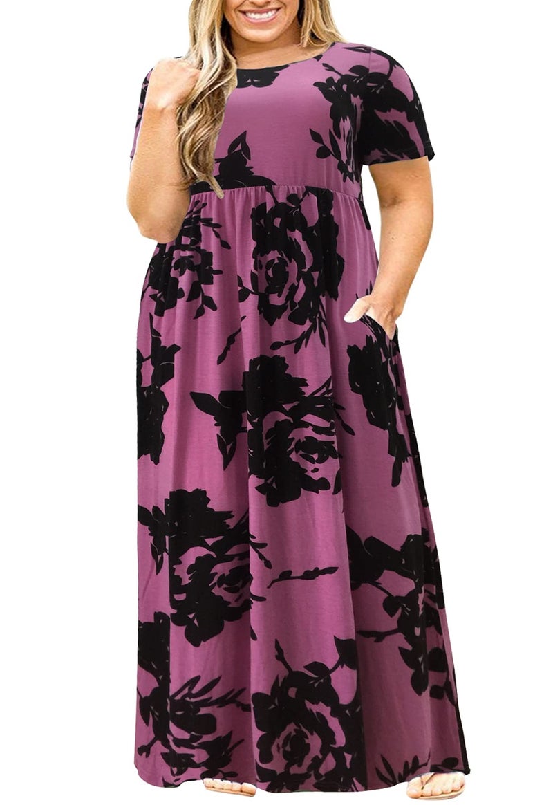 Nemidor Plus Size Maxi Dresses for Curvy Women Summer Casual Loose Short Sleeve Long Beach Dress with Pocket(149,22,Purple Print) - Image 1
